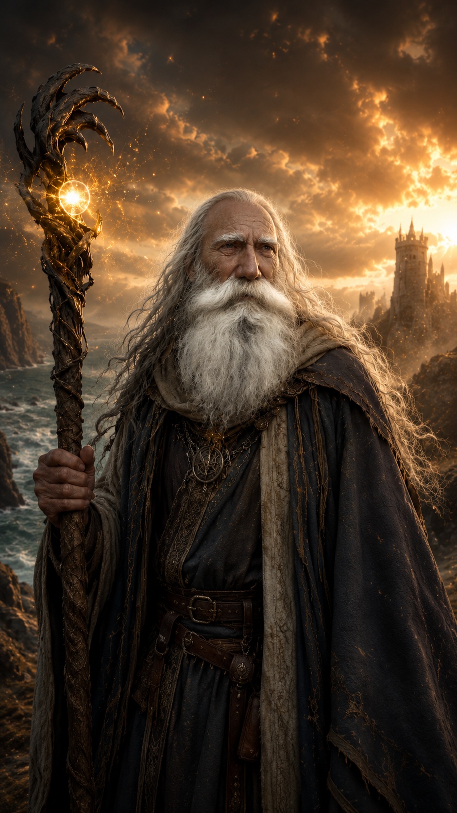 Aurelion, an elderly wanderer with a white beard, ancient staff, dark cloak, and golden magical light