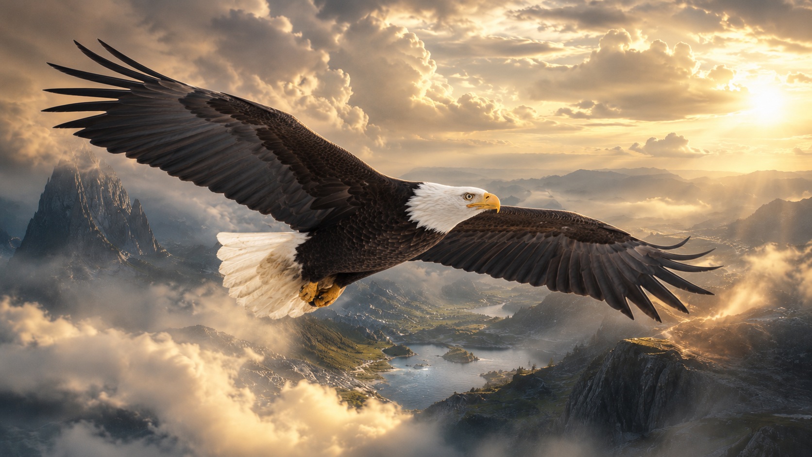Avarok, a majestic eagle flying above mountains and clouds in golden light