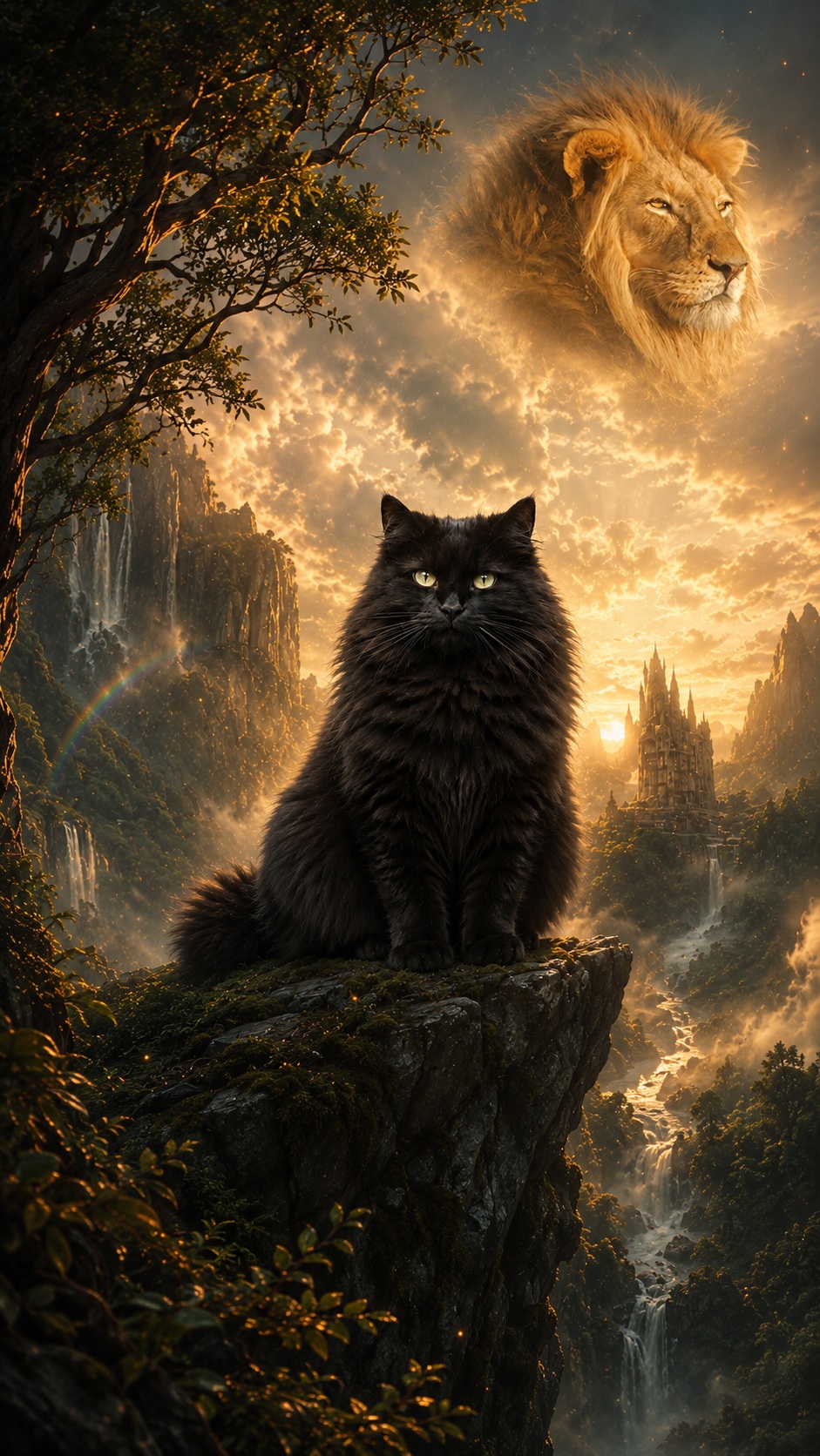 Miro, a proud black cat with bright eyes, elegant posture, and a magical golden glow