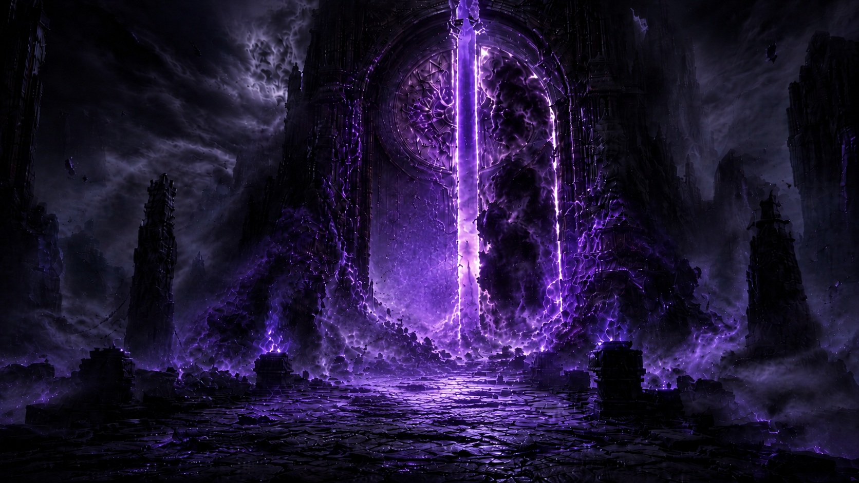 The Door of Darkness beneath the Black Mountain surrounded by violet shadow and cursed light