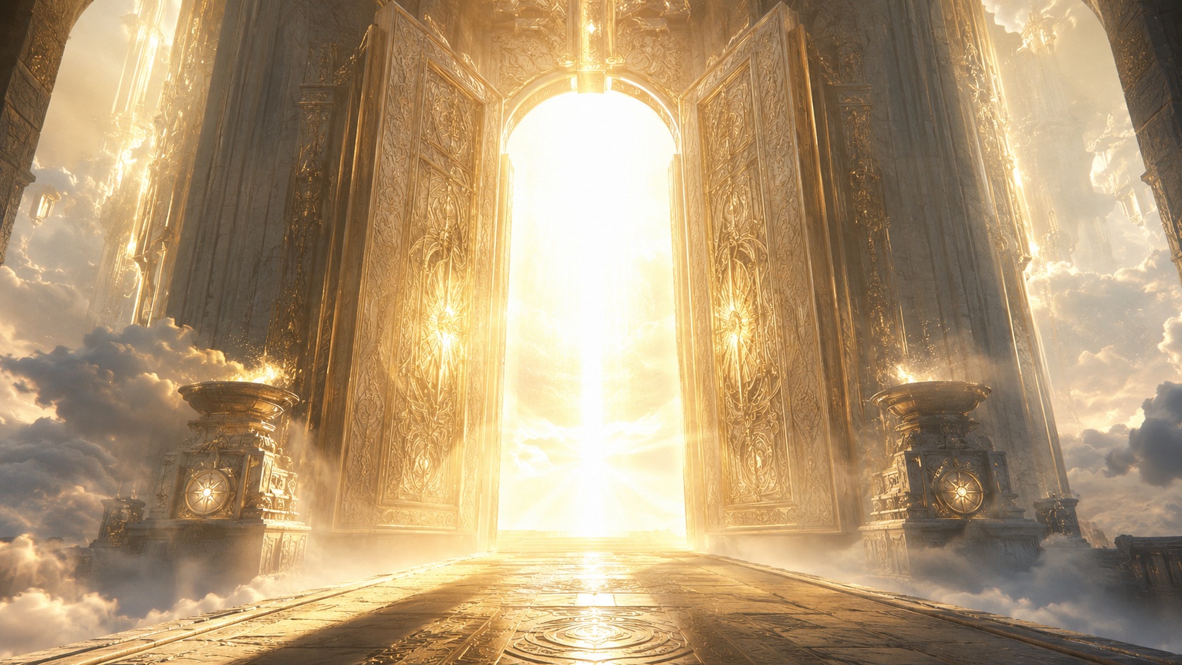 The Door of Light glowing with golden-white sacred light and mist