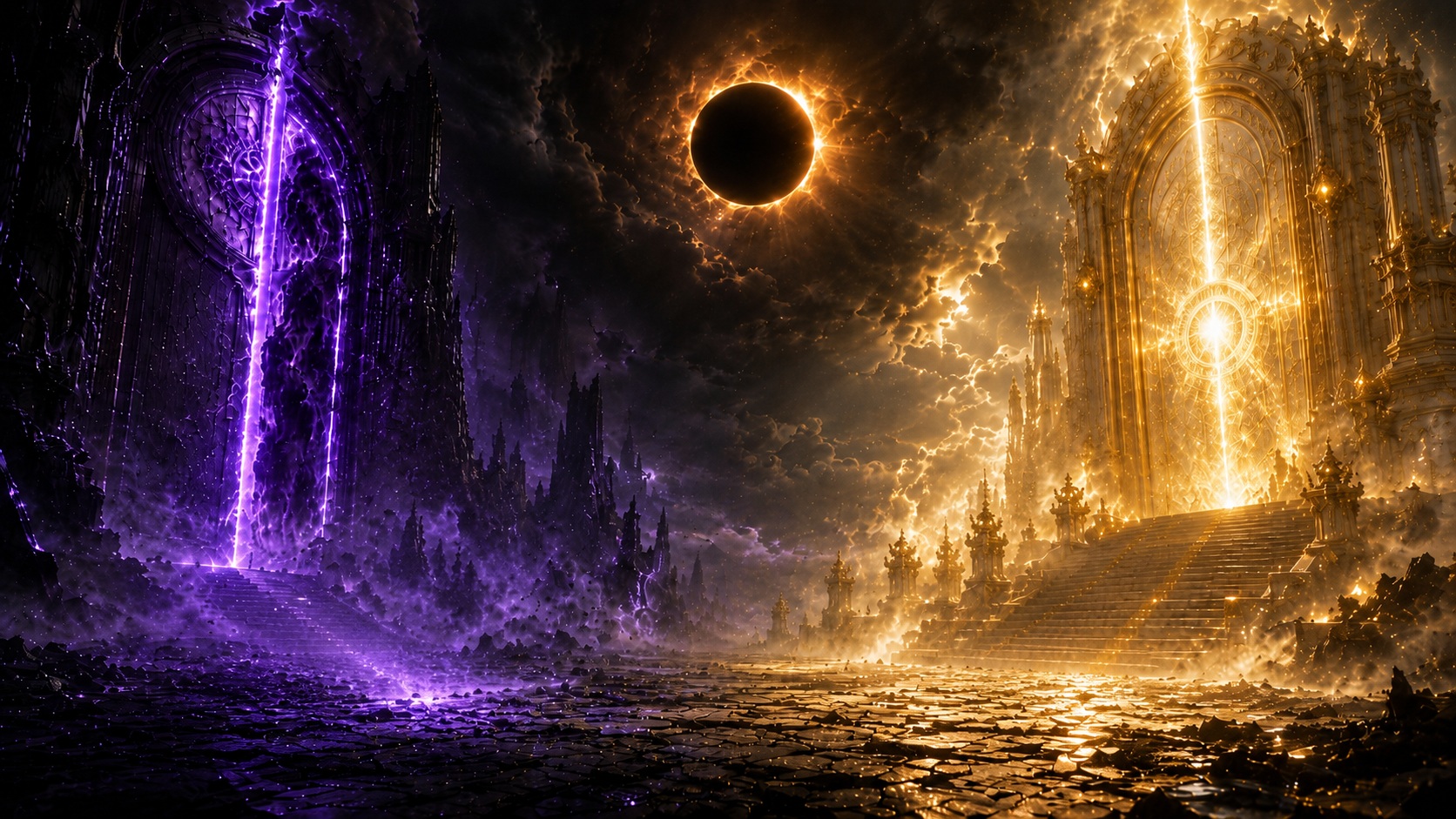 A cinematic fantasy scene showing the conflict between the Door of Light and the Door of Darkness