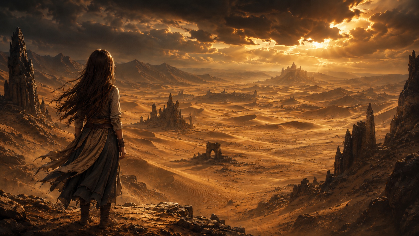 A golden desert beneath an eclipse sky with giant black scorpions