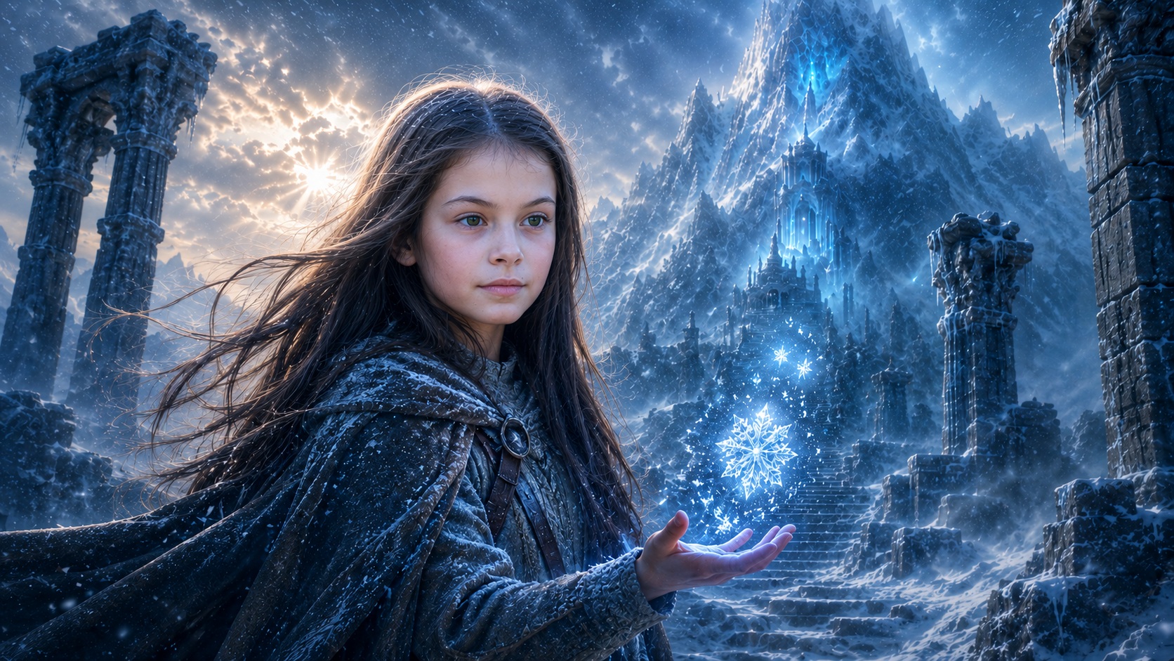 A frozen sacred mountain with blue-white crystals and golden light