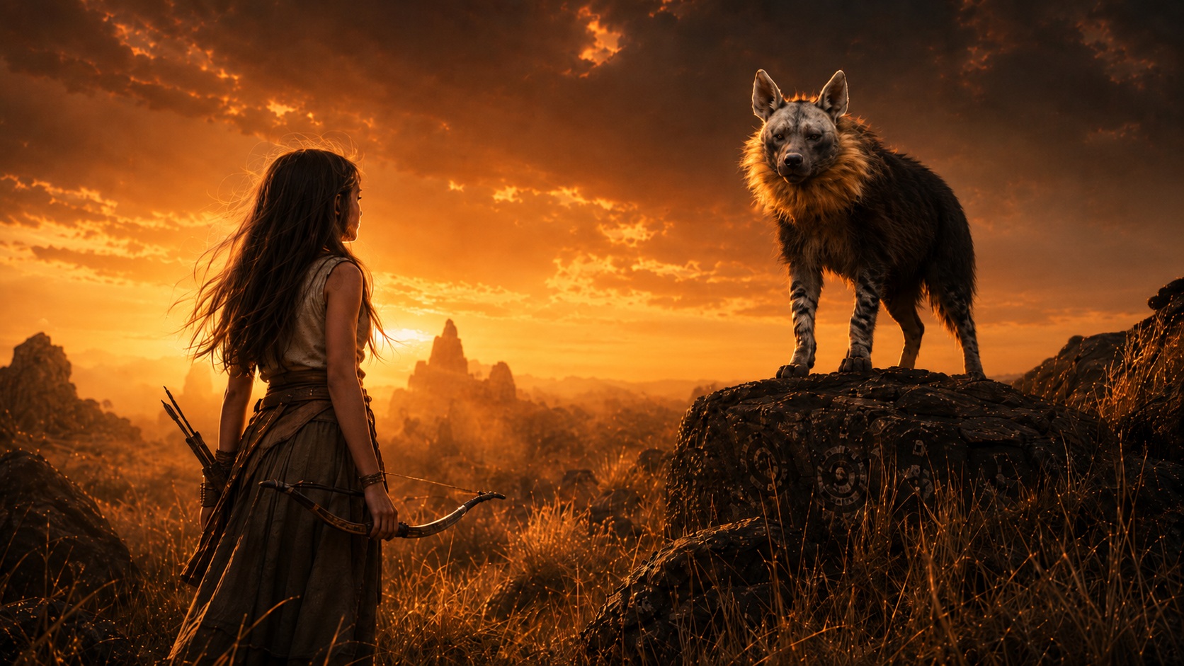 A powerful hyena standing on a rocky ridge beneath an amber sky