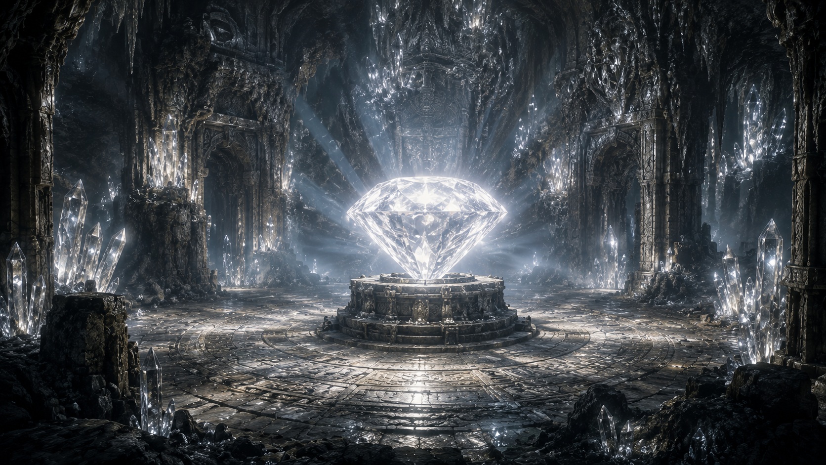 A dark crystal maze cave with a radiant white diamond on a pedestal