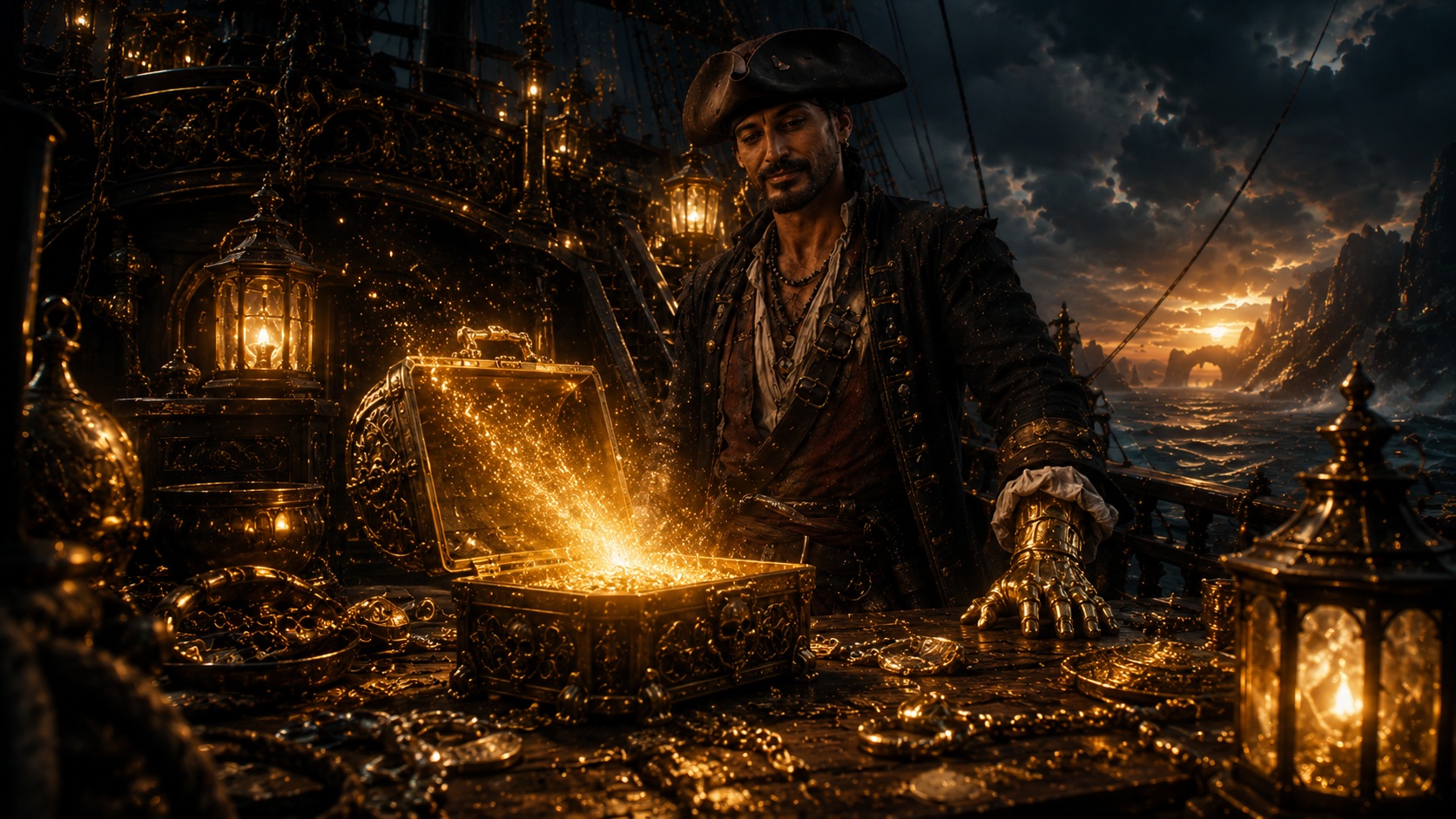 A magical pirate ship on dark waters with golden treasure light
