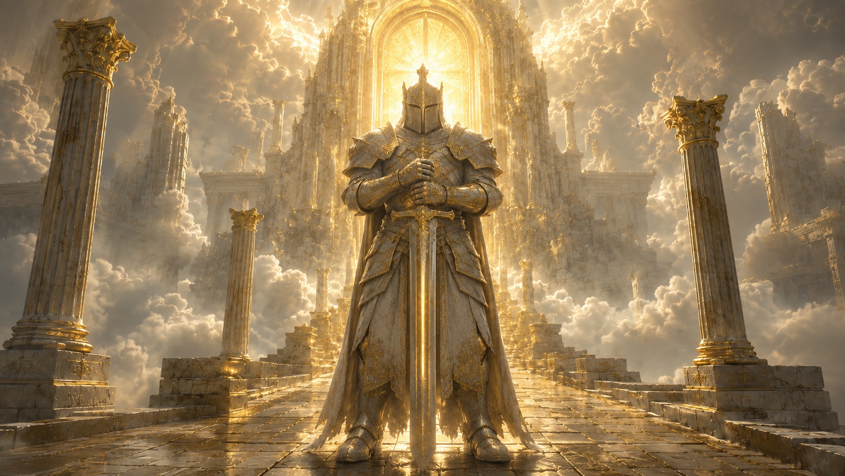 A colossal golden-white door with an armored knight holding an ancient sword