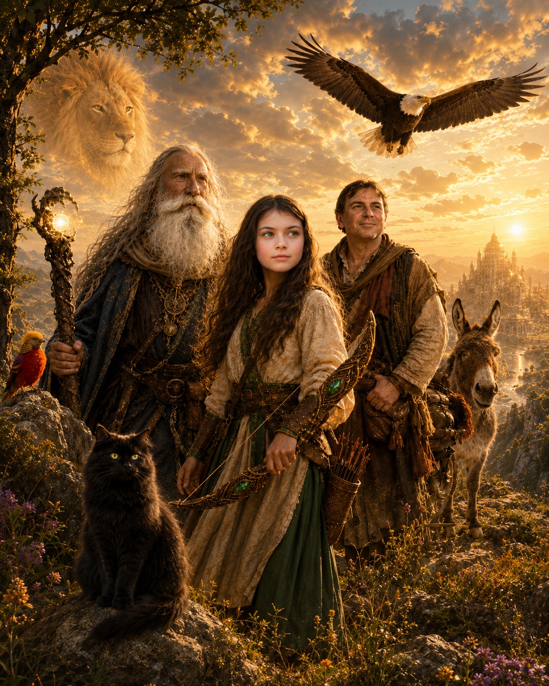 Esmeralda and her companions standing together in warm golden light facing a magical horizon
